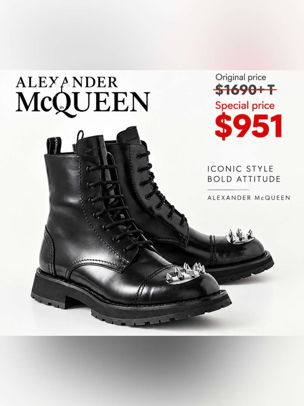 Alexander McQueen Men's Black Spike-Toe Leather Combat Boots-Made In Italy-US11